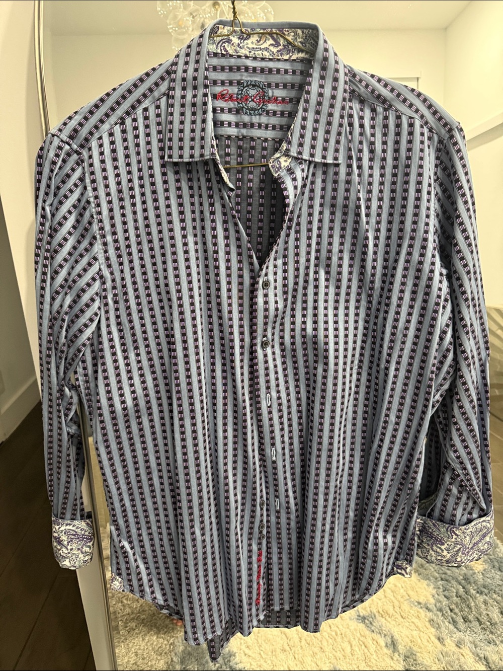 Robert Graham Blue and Purple Vertical Stripe Button-Down Shirt